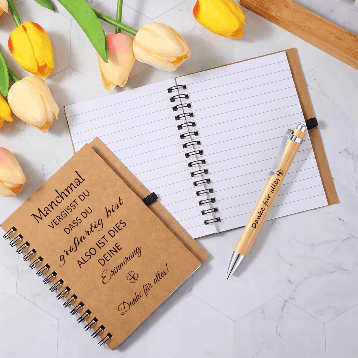 6-teiliges Dankeschön-Geschenkset mit Notizbuch, Stift und Anhänger