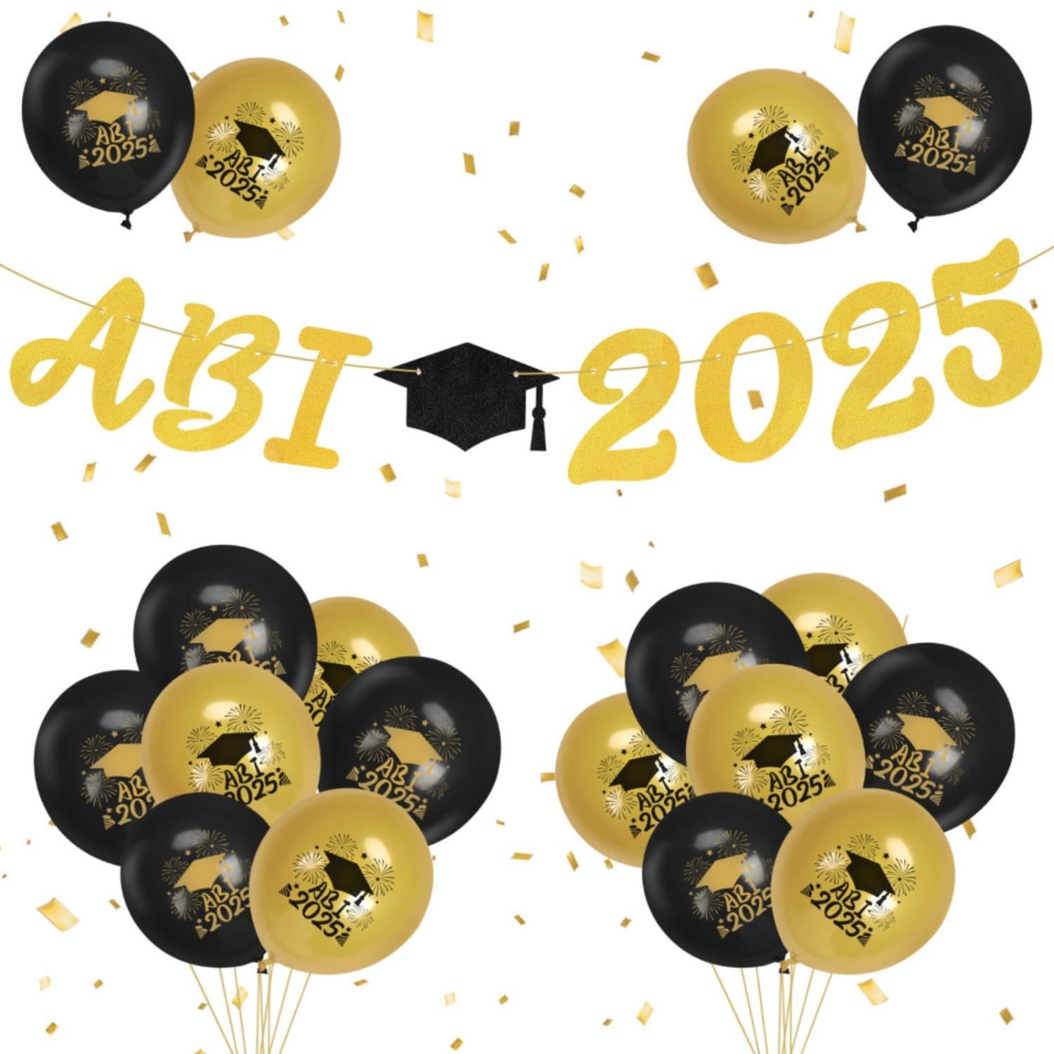 21-teiliges Deko-Set ABI-2025 mit Papierbanner, Schwarz und Gold