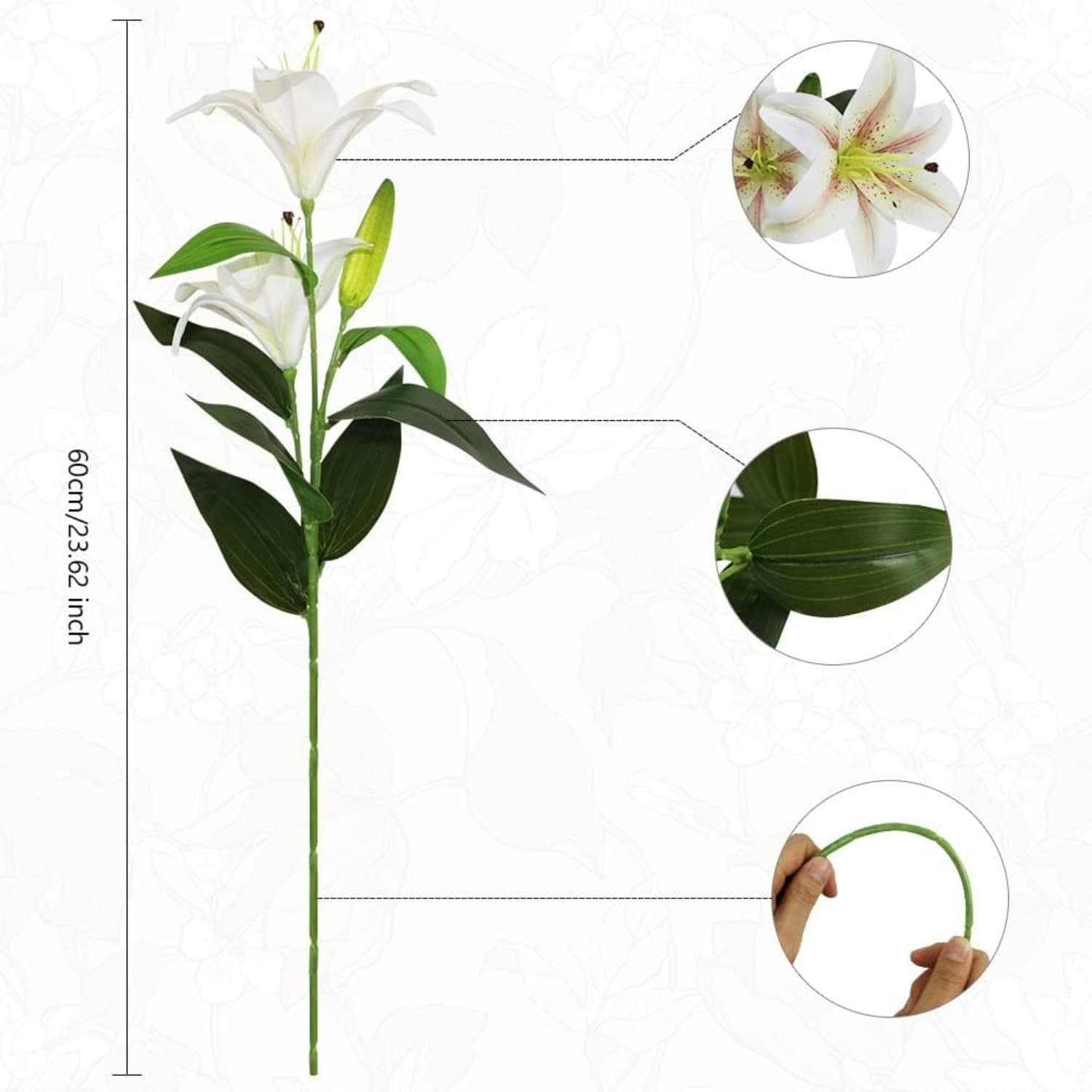 4 künstliche Lilienblüten, 60 cm Stiele