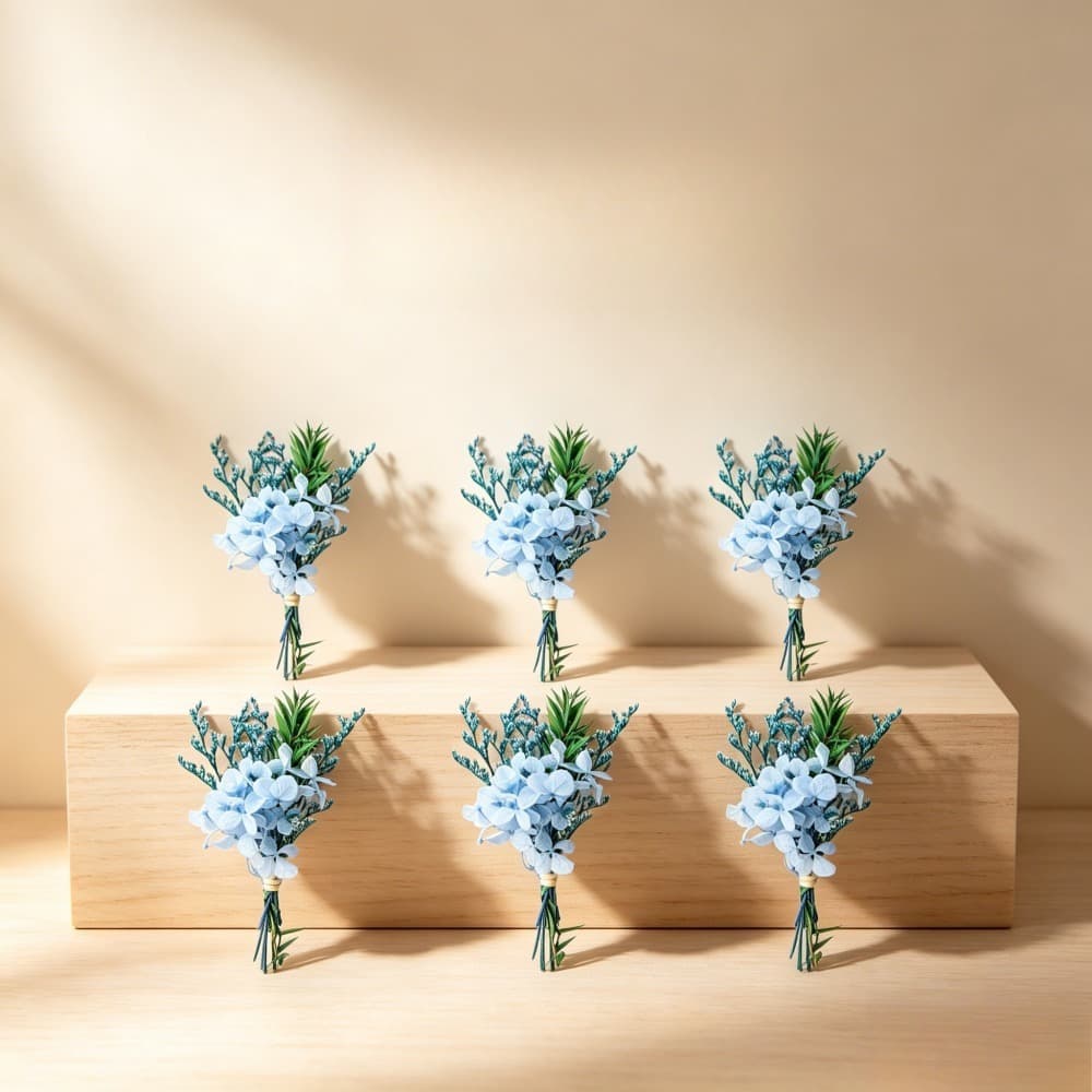 6 Mini Trockenblumensträuße mit blauen Hortensien