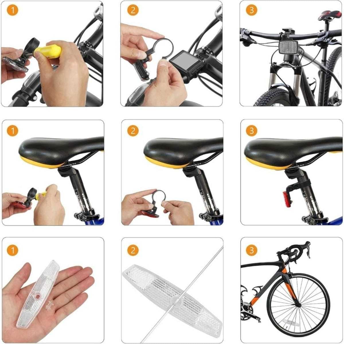 Set de accesorios para bicicleta con clips frontal, trasero y llanta