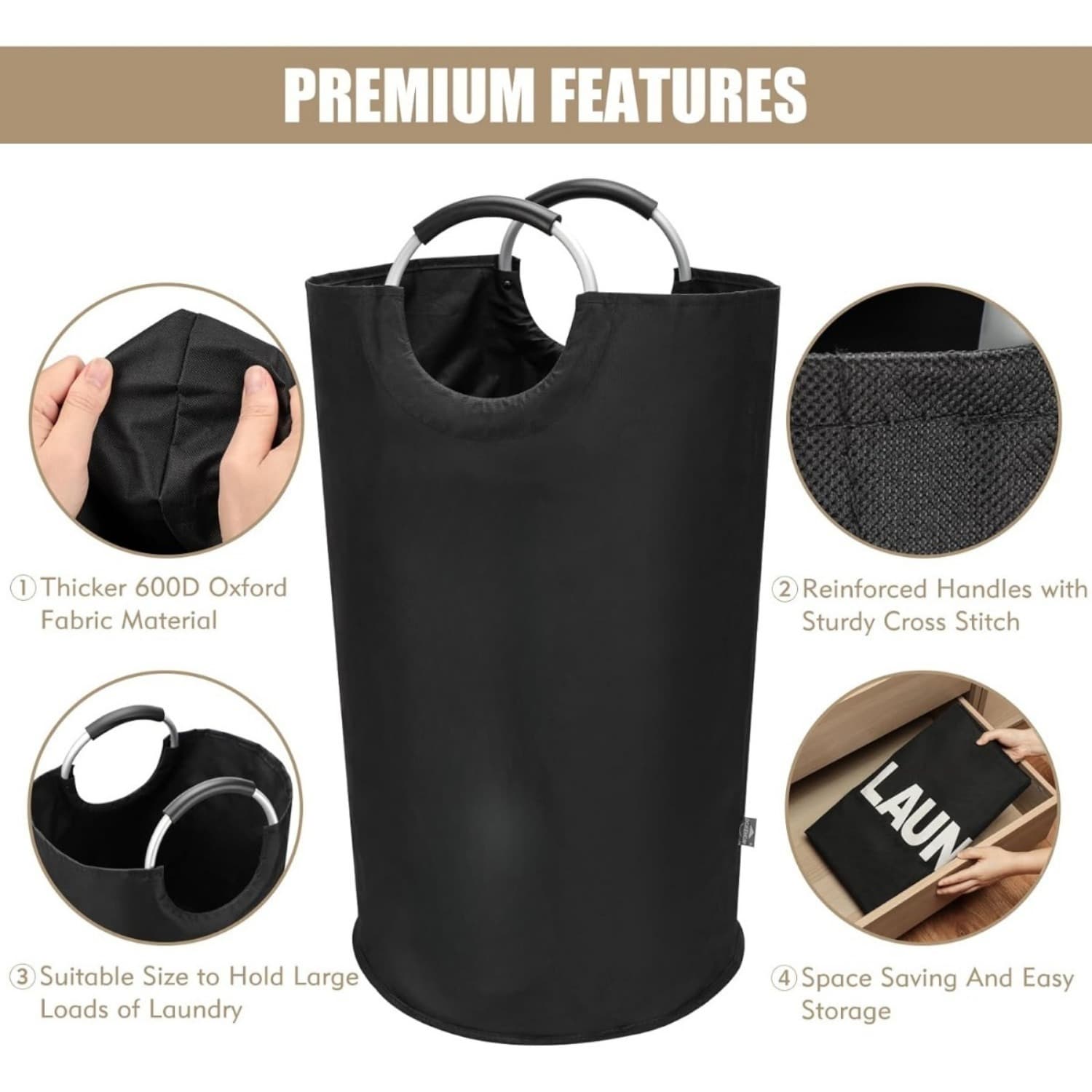 Large foldable laundry basket 90L with drawstring bags