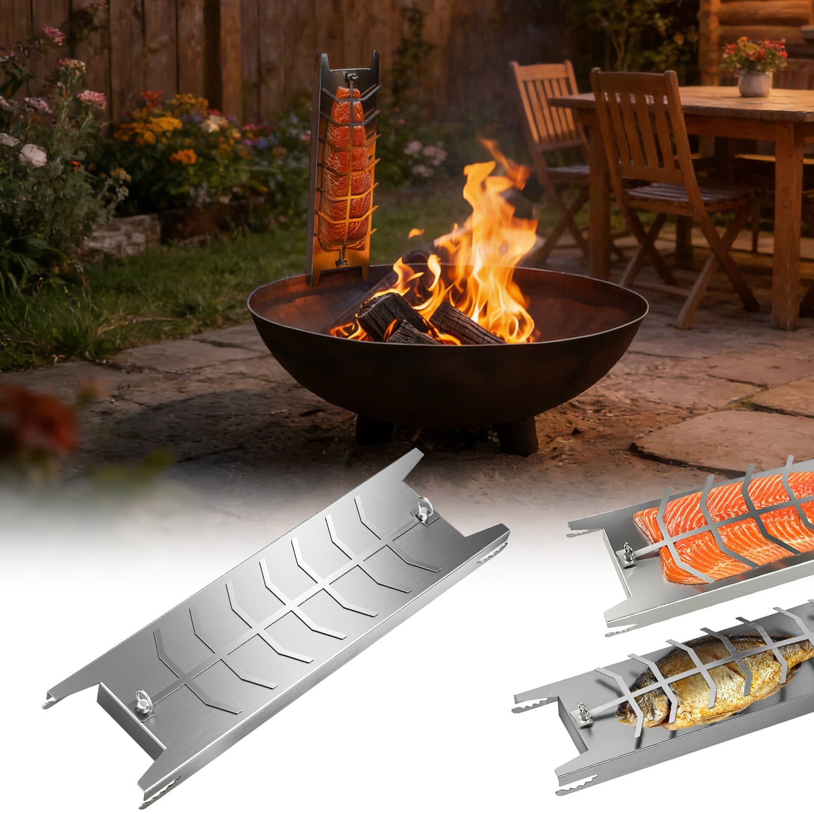 Edelstahl Grillbrett für Lachs mit verstellbarem Halter