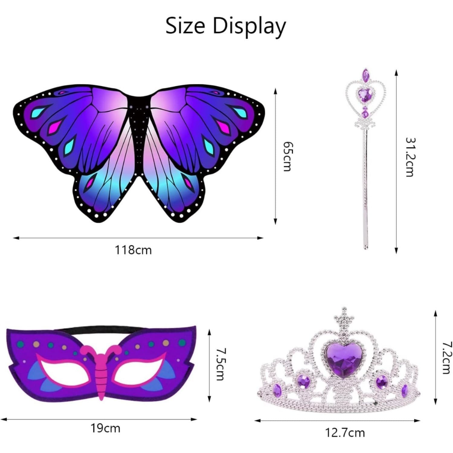 Ensemble papillon violet 4 pièces : masque, cape, couronne, baguette