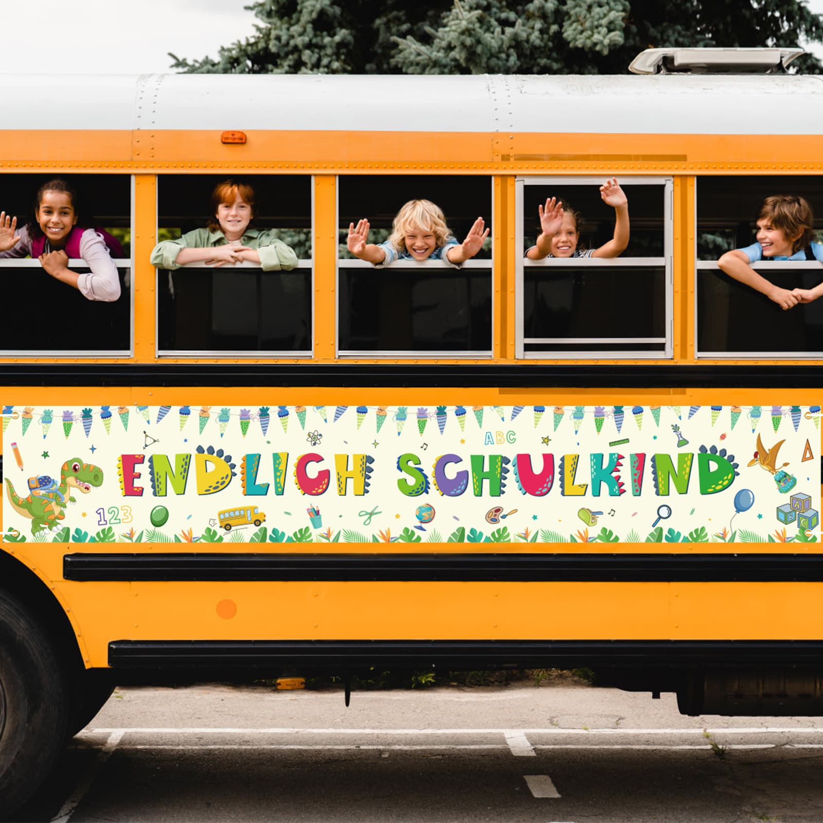 Schulanfang Banner gelbes Dinosaurier-Motiv