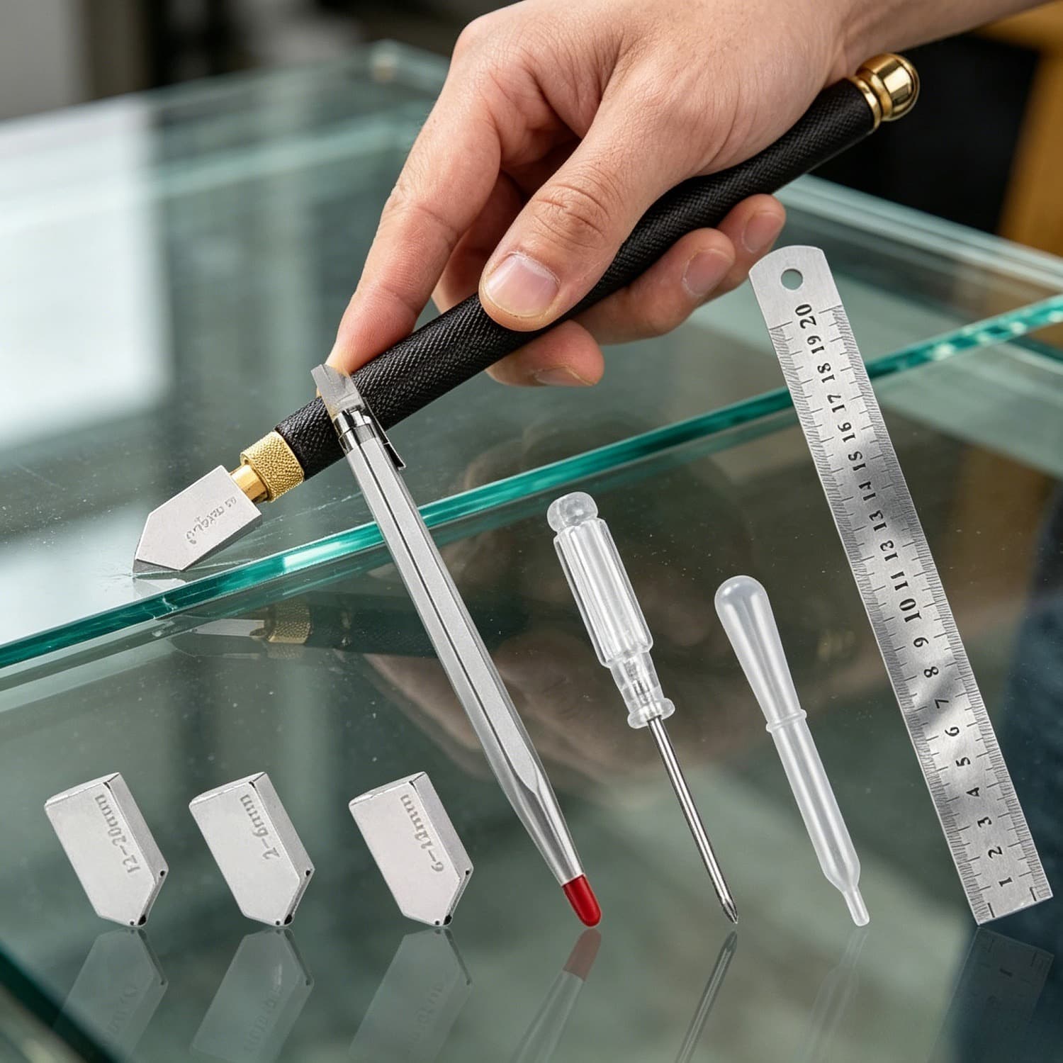 9-teiliges Glasschneider-Set mit Tasche und Messwerkzeugen