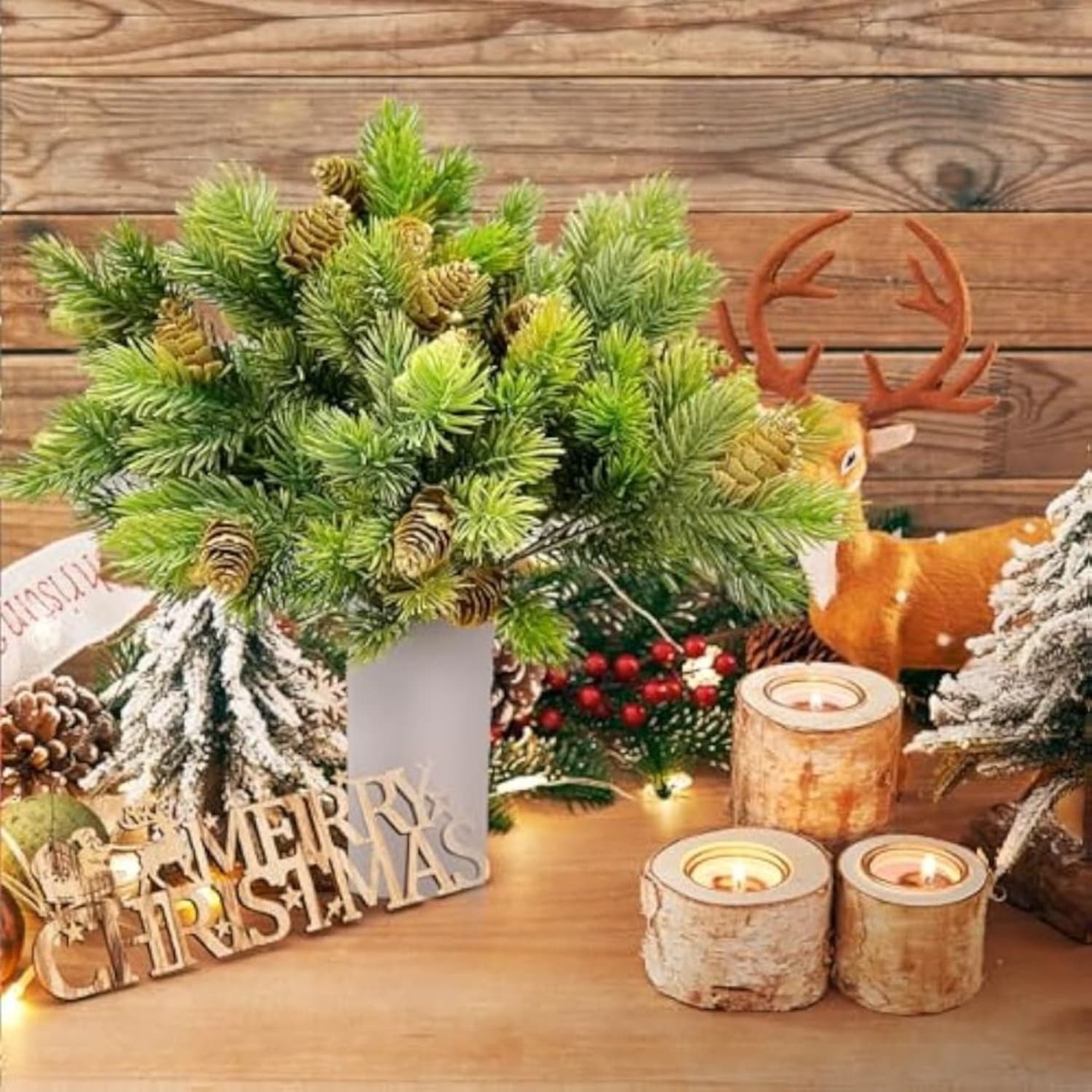 4 künstliche Tannenzweige mit Zapfen, Deko-Set