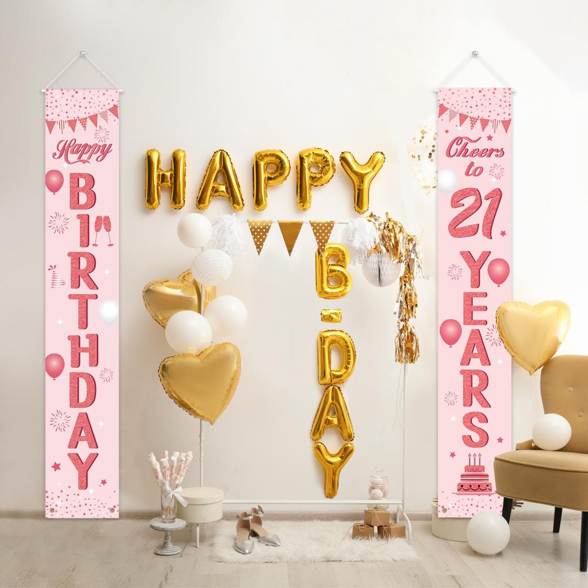 2er-Set Geburtstagsbanner Happy 21st in Roségold