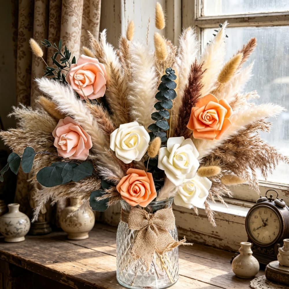 Deko-Set mit Trockenblumen und künstlichen Rosen