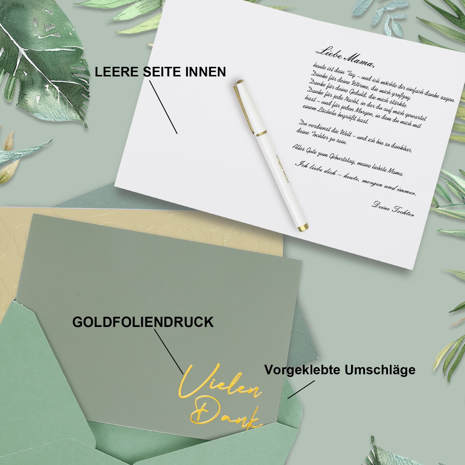 28-teiliges Dankeskarten-Set Beige Grün mit Umschlägen
