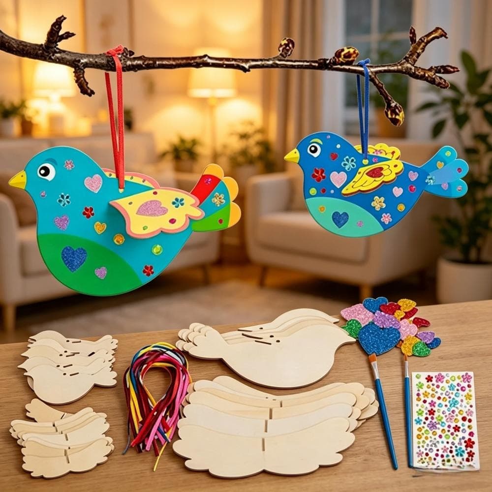 DIY bird craft kit with brushes glitter and wood