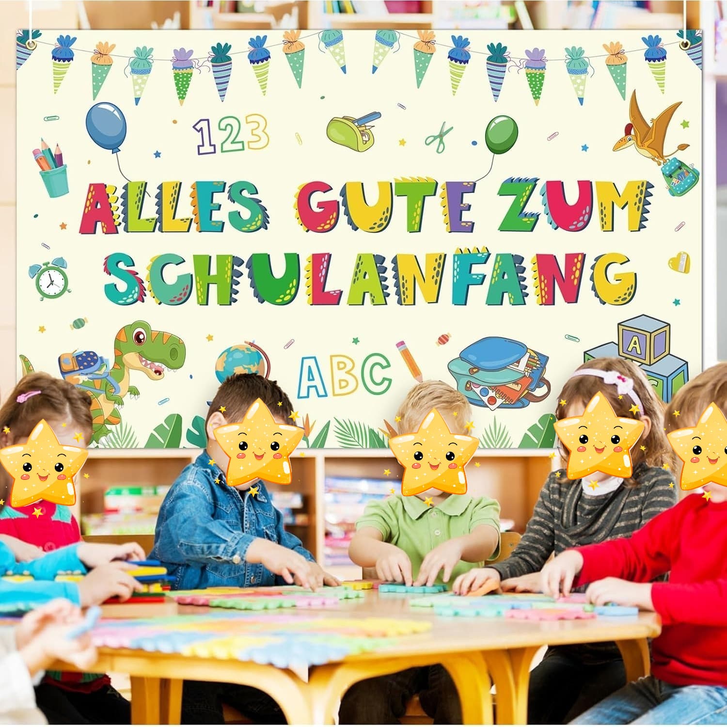 Gelbes Dino-Schulanfang Banner als Fotokulisse