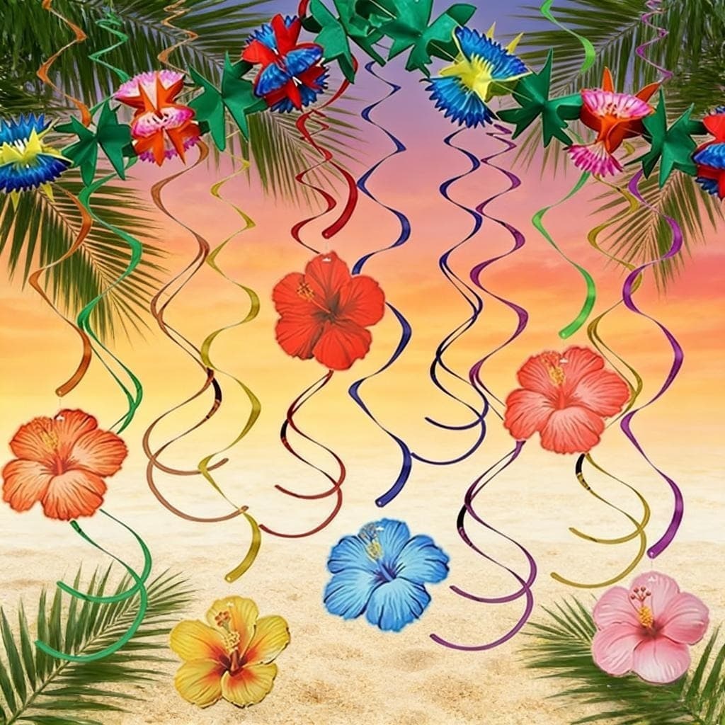 Hawaiianisches Deko-Blumenset mit Hexagon-Girlande und Hibiskus, 19-teilig
