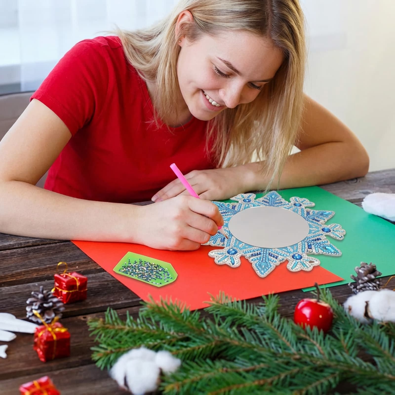 Diamond Painting Mirror Craft Kit - Decorative DIY Kit With Snowflake Design & Decorative Elements - Party Accessory Set
