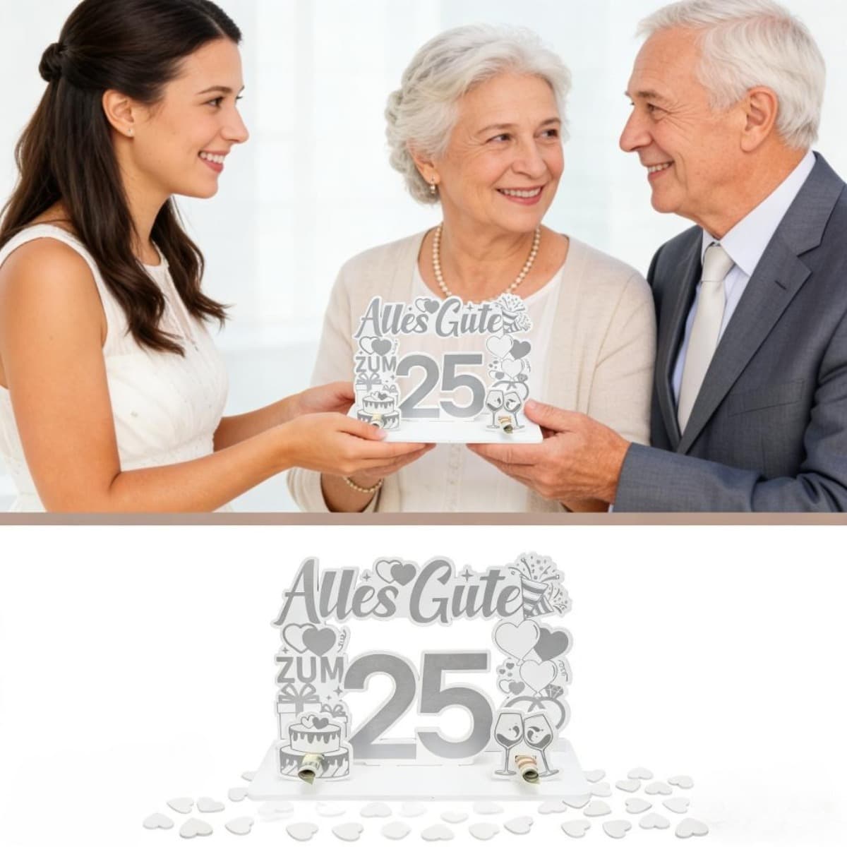 Hölzernes Geldgeschenk-Set zur Silberhochzeit mit Herzdesign