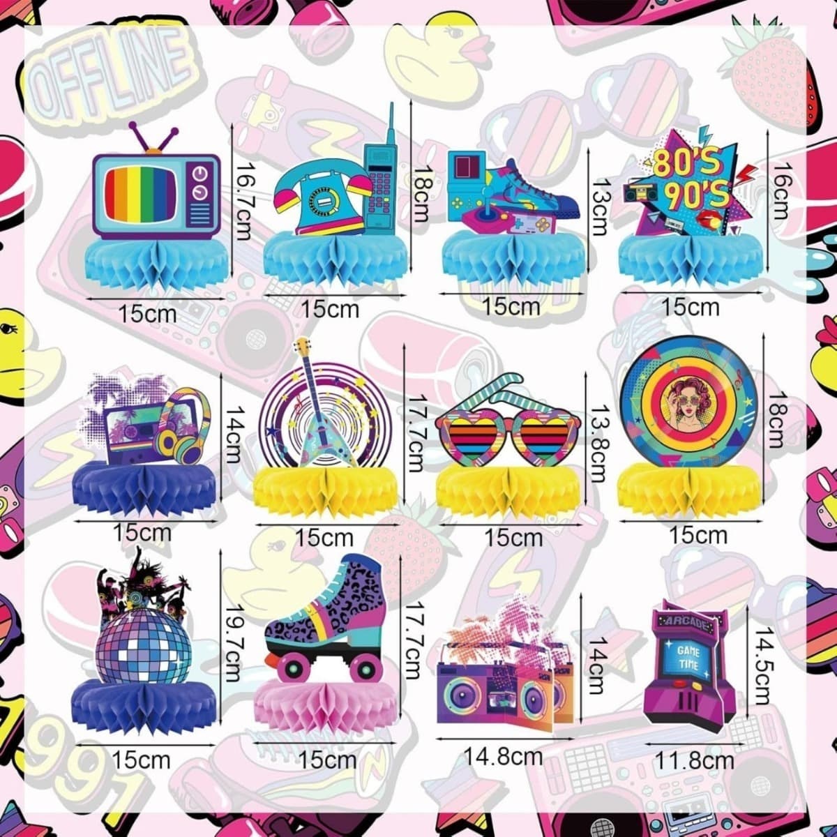 80er Retro Waben-Deko Set, 12 Elemente