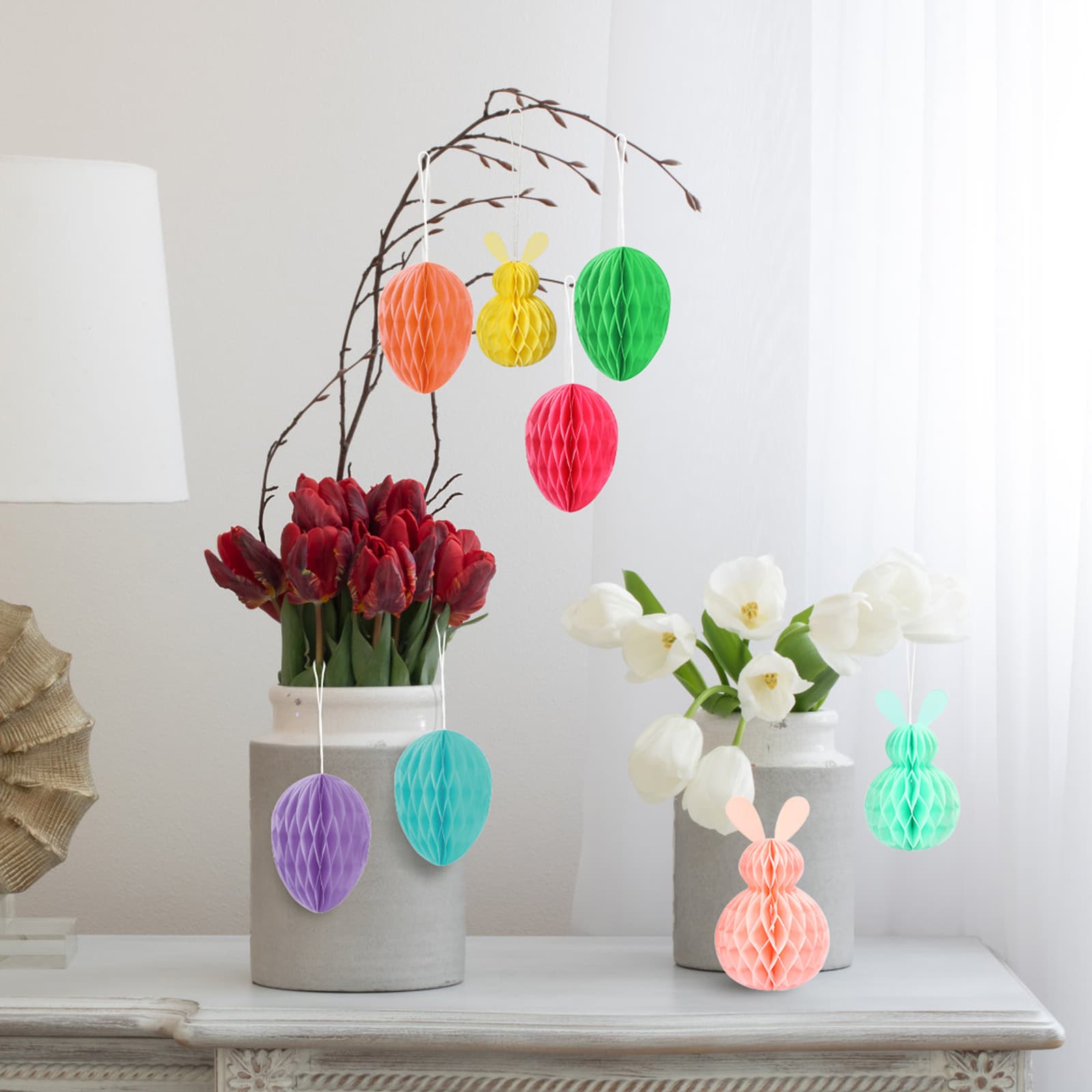Osterdeko-Set Wabenpapier mit Hasen und 7 Teilen