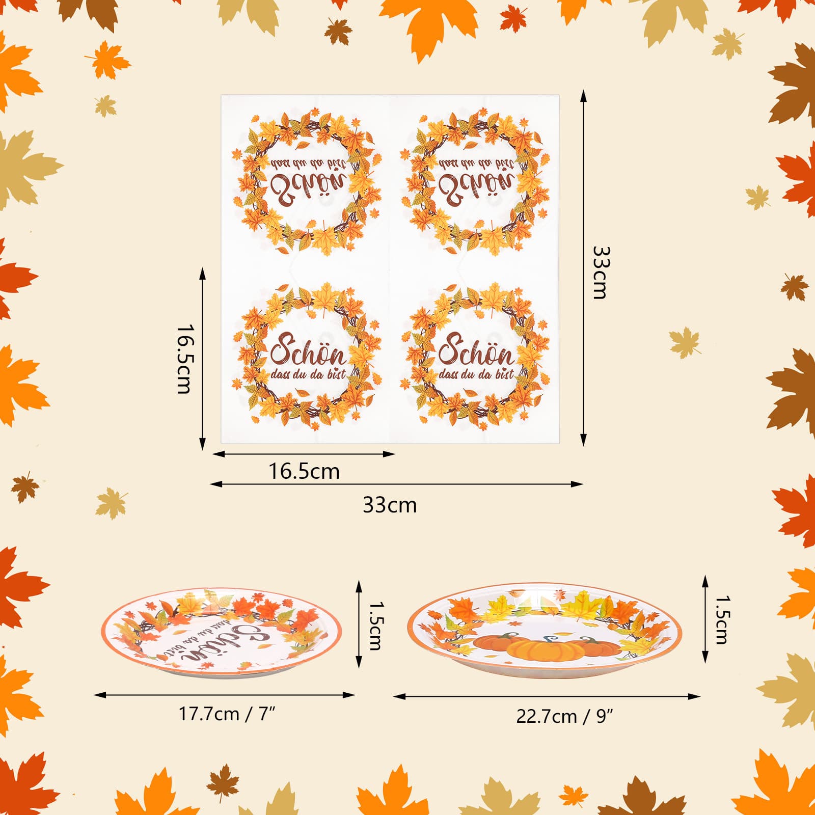 Herbstliche Tischdeko mit Servietten und 40 Tellern