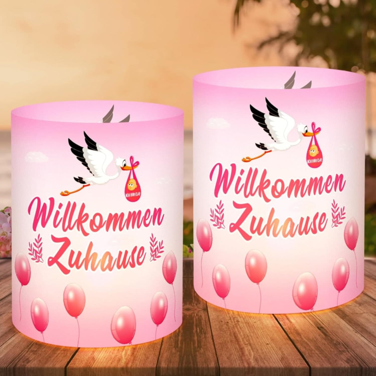 12er Set Laternen Tischdeko Willkommen Baby Rosa
