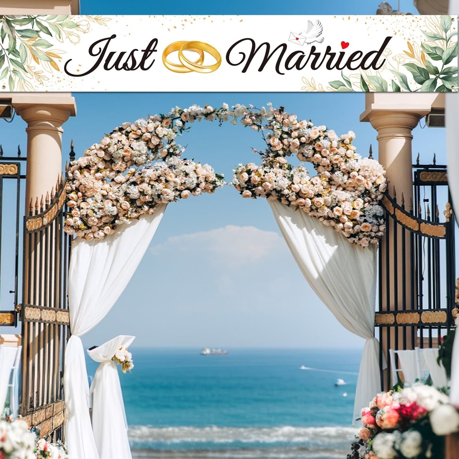 لافتة زفاف Just Married مع ديكور أوكالبتوس