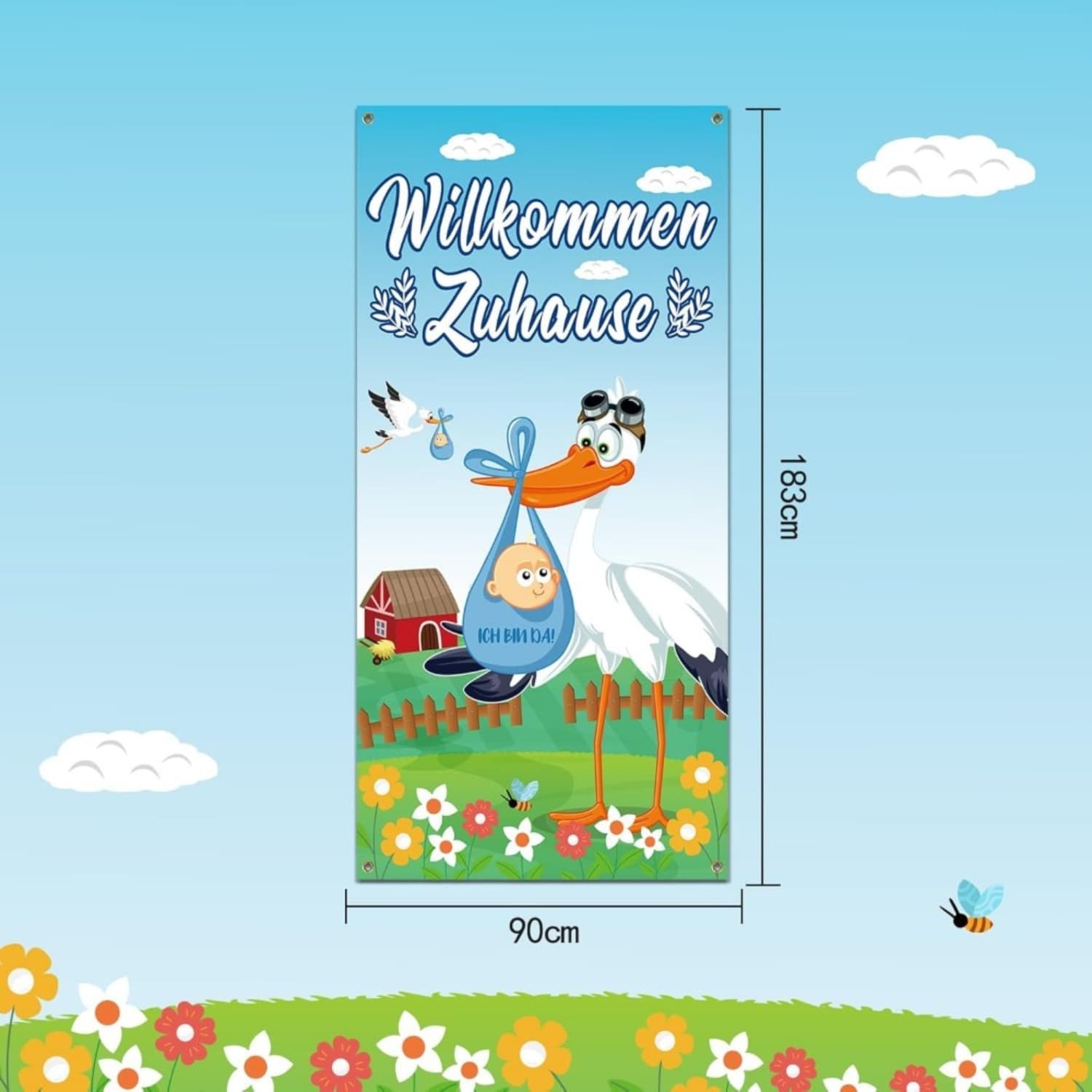 Willkommens-Türbanner mit blauem Storch für Babyparty