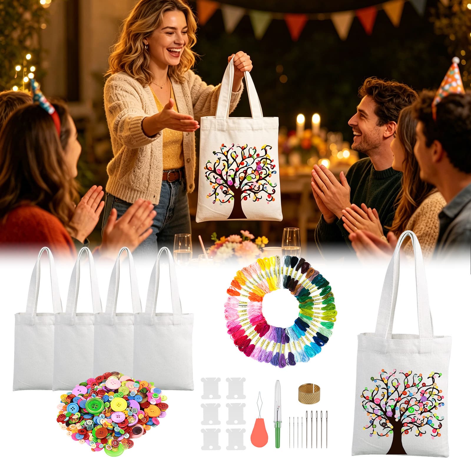 Set de bordado DIY de 2 piezas: 600 botones, 4 bolsas, 50 hilos