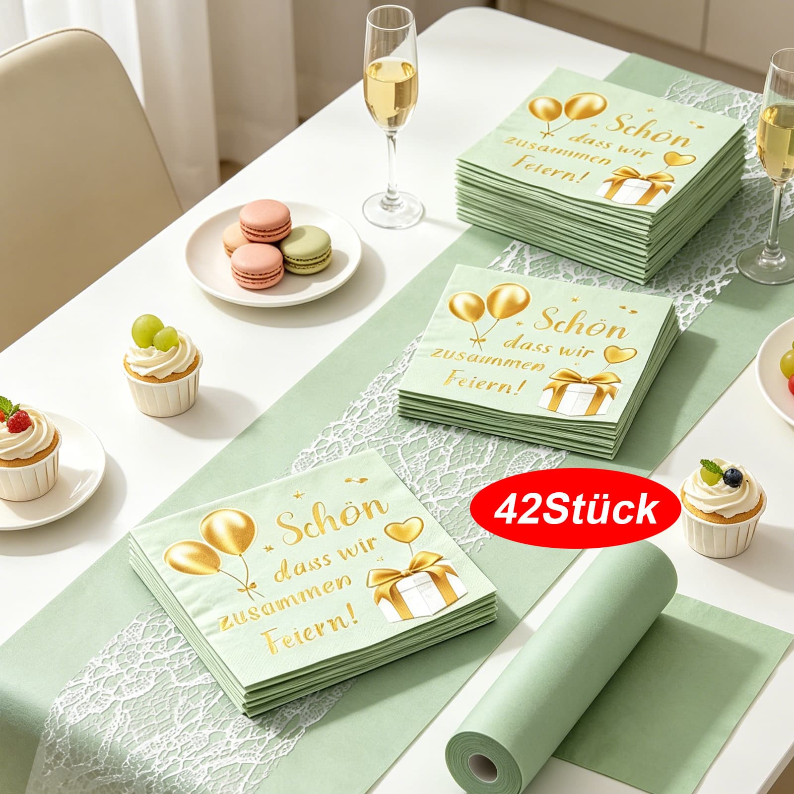 Grünes Tischdeko-Set mit 40 Servietten und 2 Tischläufern