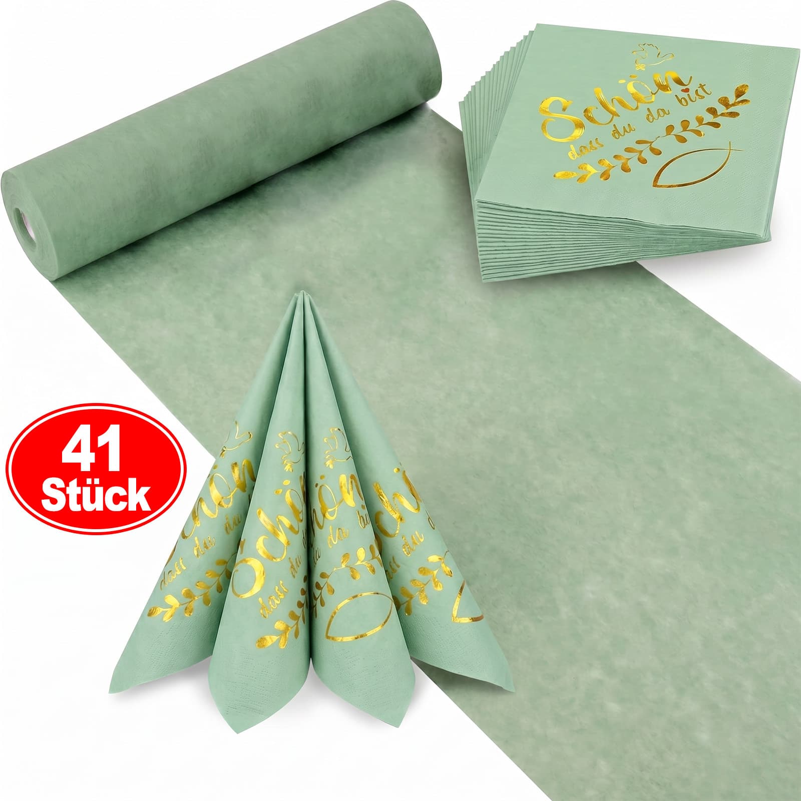 Tischläufer-Set mit 40 Servietten in Olivgrün und Gold