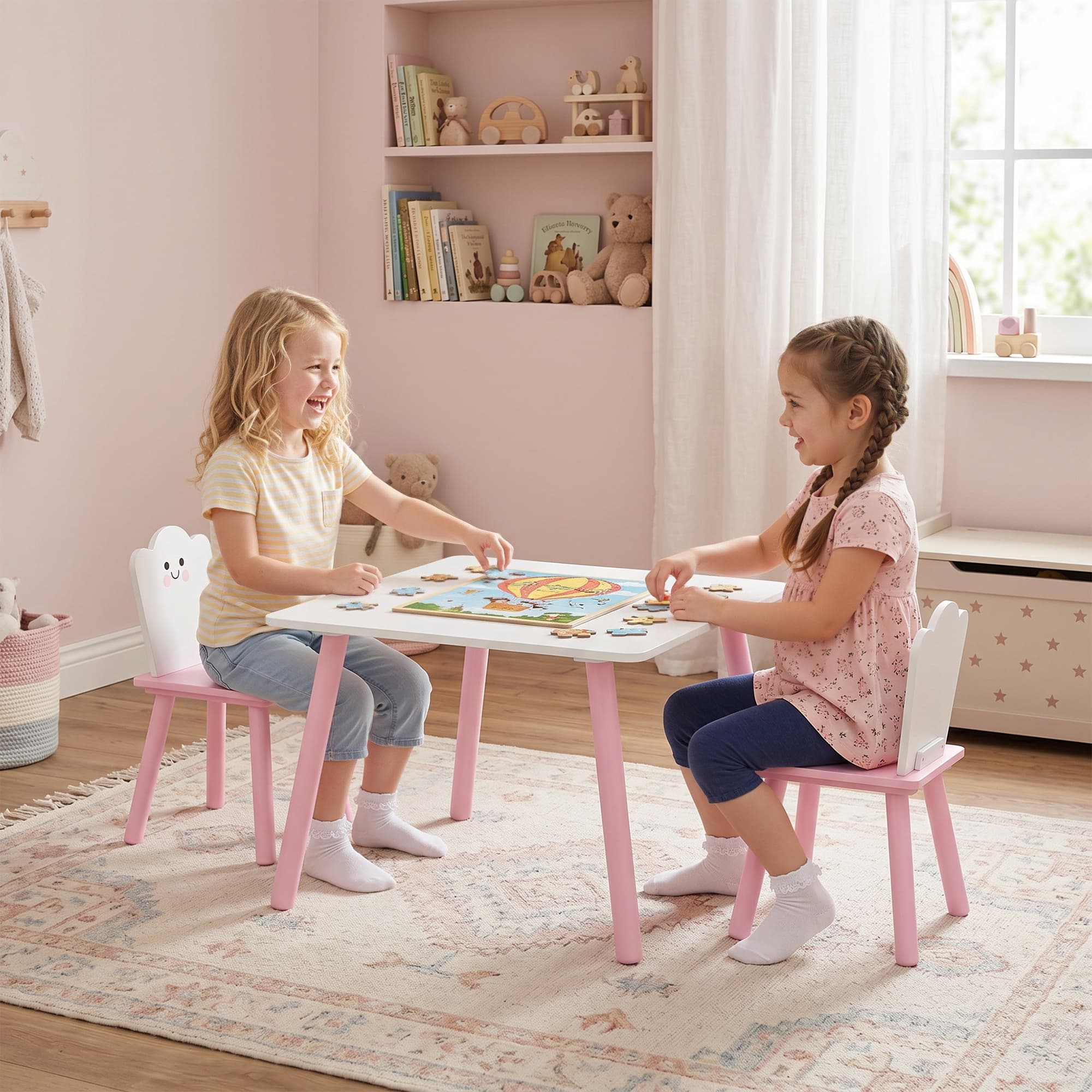 Juego de mesa y silla para niños 3 piezas rosa blanco