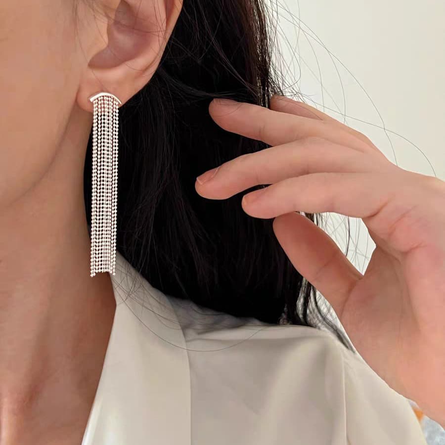 999 Sterling Silver Kurve Perlen Langer Tassel Ohrringe