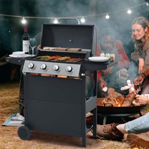 Propane Gas Grill 4 Burner Barbecue Grill, Stainless Steel 34,000 BTU Patio Garden Barbecue Grill With Two Shelves, Lid, Wheels And Bottle Opener