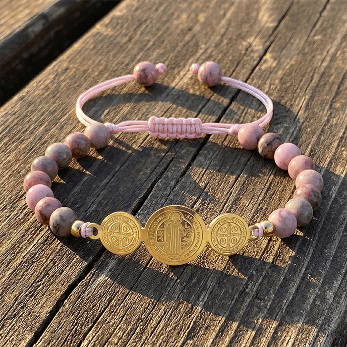St. Benedict Medal Protection Bracelet - 18K Gold Plated Stainless Steel Natural Tiger's Eye Rhodonite Stone Beads - Adjustable Religious Gift For Men