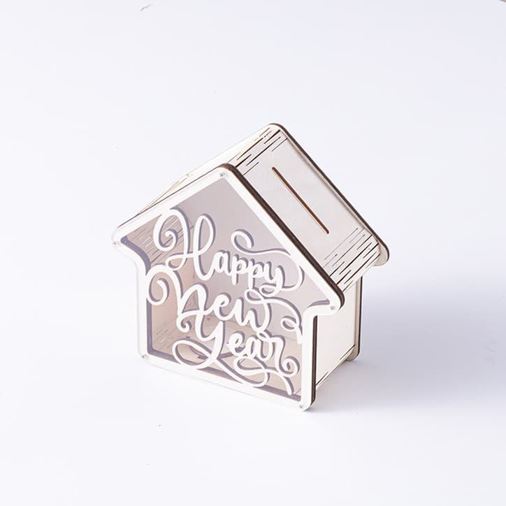 Happy New Year Wooden House Piggy Bank Transparent Acrylic Money Box New Year Christmas Desktop Decor Saving Jar Gift For Kids Family