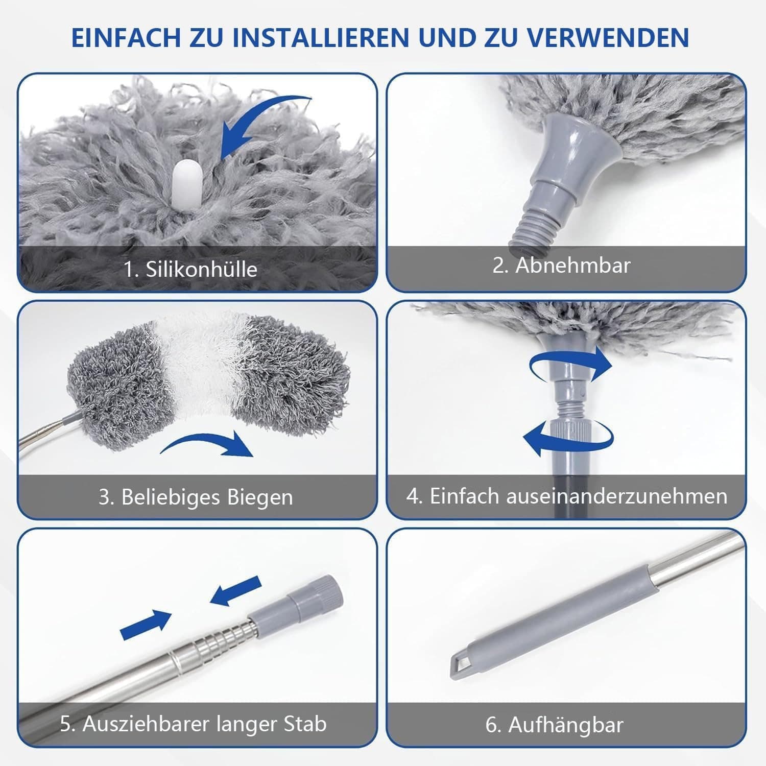 7-teiliges Mikrofaser Staubwedel Set mit Teleskopstange 38-210 cm