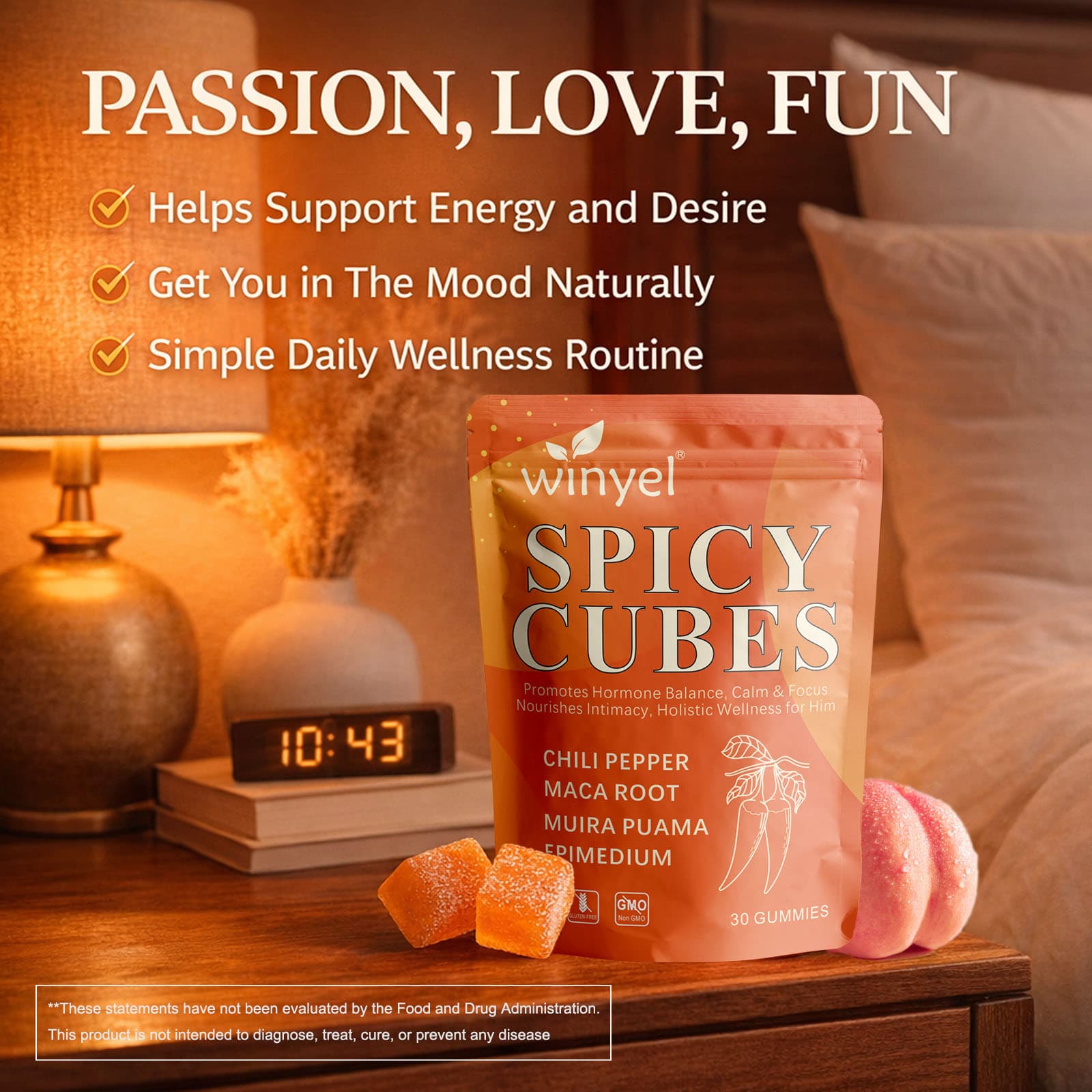 Cubos picantes, Gominolas de intimidad con pimiento, Muira Puama, Raíz de Maca, Epimedium, Ayuda a promover el equilibrio hormonal, Calma y bienestar de la intimidad, Guisante