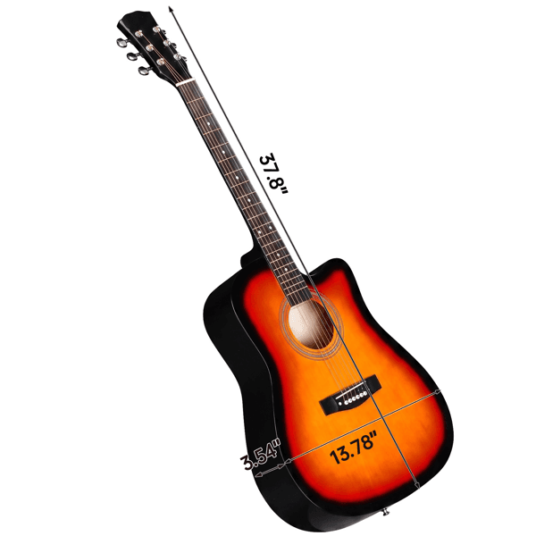 Guitare acoustique à corps arrondi en forme de tonneau de 41 pouces, style dreadnought avec découpe, en couleur coucher de soleil, avec médiator, cordes, capodastre, sac de transport, accordeur, clé à molette et ceinturon porte-guitare