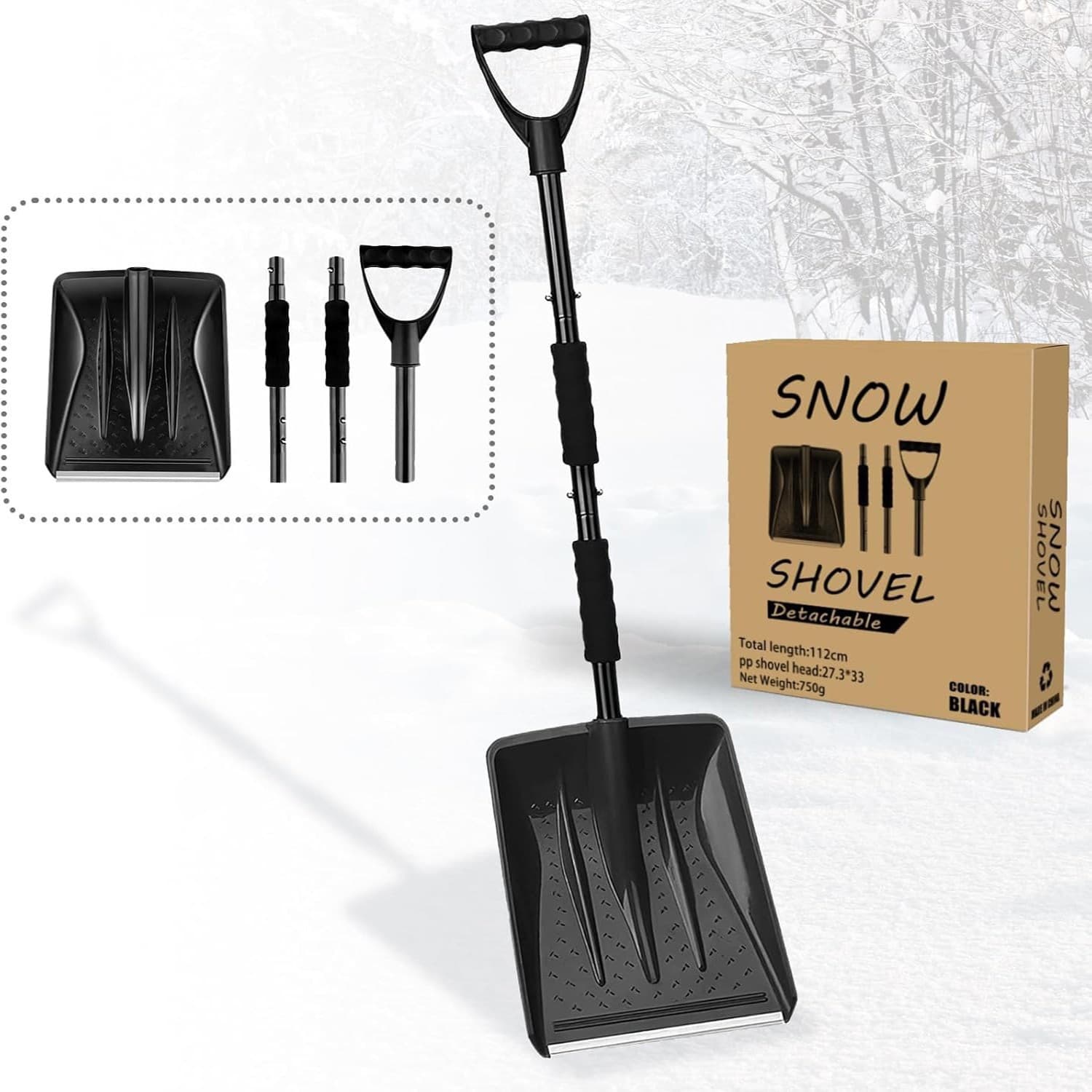 Pala de nieve desmontable resistente, pala para nieve, mango en D antideslizante, 112 cm, Schneeschaufel, herramienta portátil para quitar nieve en invierno para