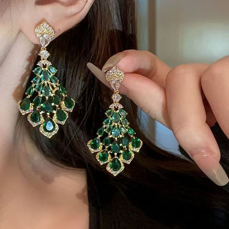 Emerald Rhinestone Leaf Tassel Drop Ohrringe