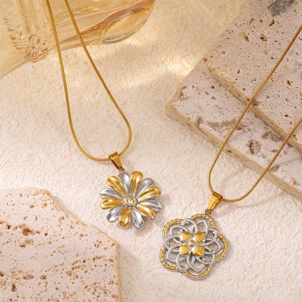 Stainless Steel Double-color Flower-shaped Pendant Necklace