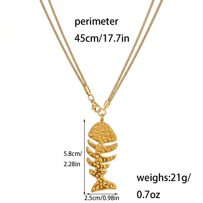 Collana con pendente in osso di pesce martellato per donne, catena di collare in acciaio inossidabile e oro 18 carati con serpente, gioiello estivo da spiaggia con scheletro di pesce in rilievo, regalo