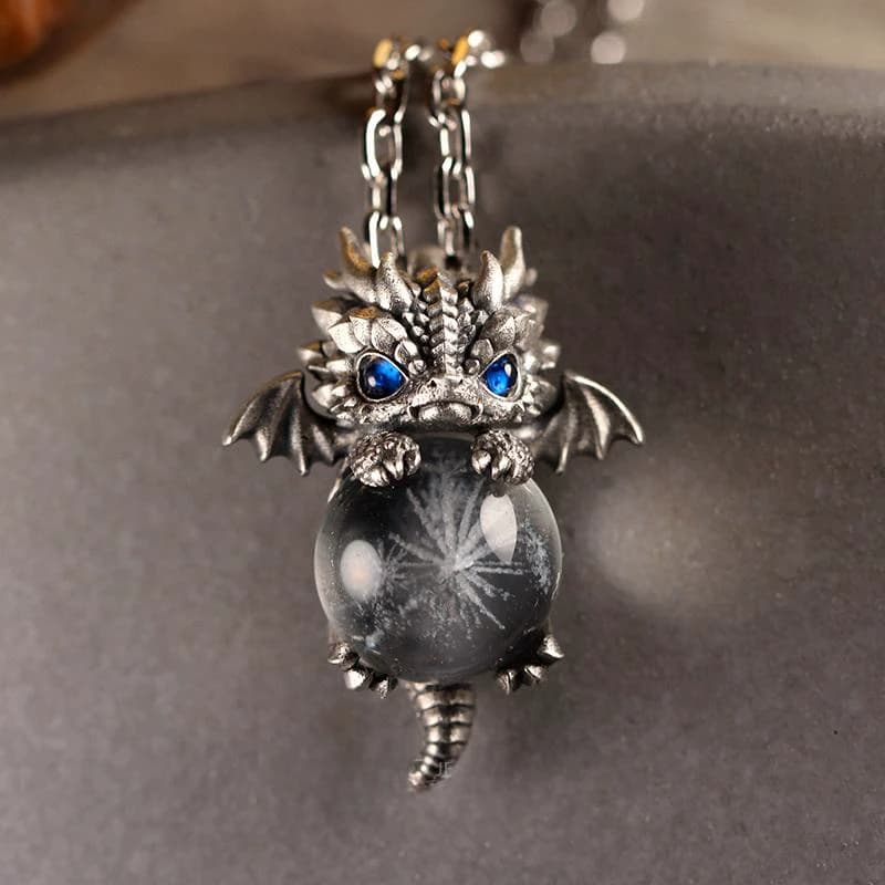 Pendente vintage in metallo drago bebè palla di cristallo, stile fantasy gotico