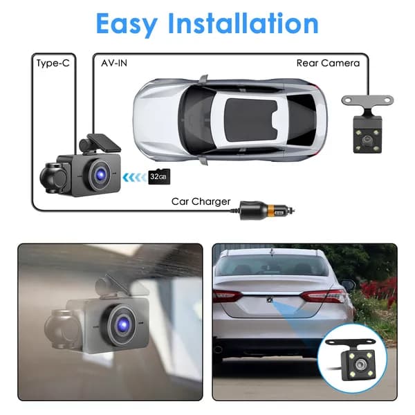WiFi FHD 1080P 3 Channel Car Dash Cam Front Rear Inside With 32G MMC Card Motion Detection Loop Recording Infrared Night Vision Surveillance Car Camer