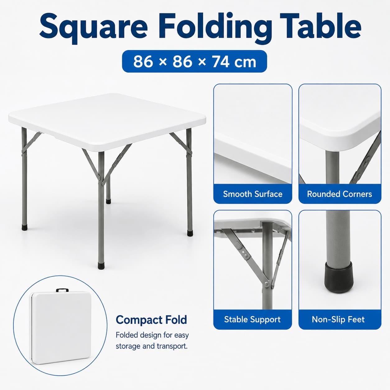Mesa auxiliar cuadrada plegable con asa, 86 cm