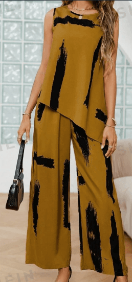 Completo due pezzi da donna con stampa, top senza maniche e pantaloni lunghi
