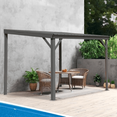 8x10 Lean To Gazebo With Upgraded Drainage System, Wall Mounted Gazebo Hardtop Galvanized Steel Sloping Roof For Patio Deck Lawn Party Gray