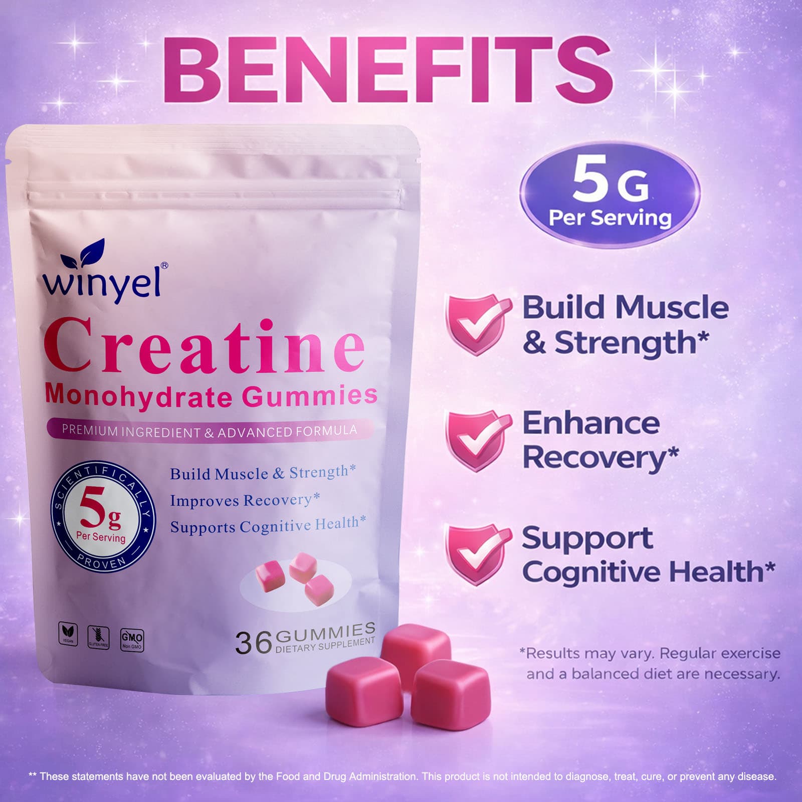 Gomitas de creatina monohidratada, 5g por porción, sin azúcar, para entrenamientos, fuerza, salud cognitiva y apoyo muscular