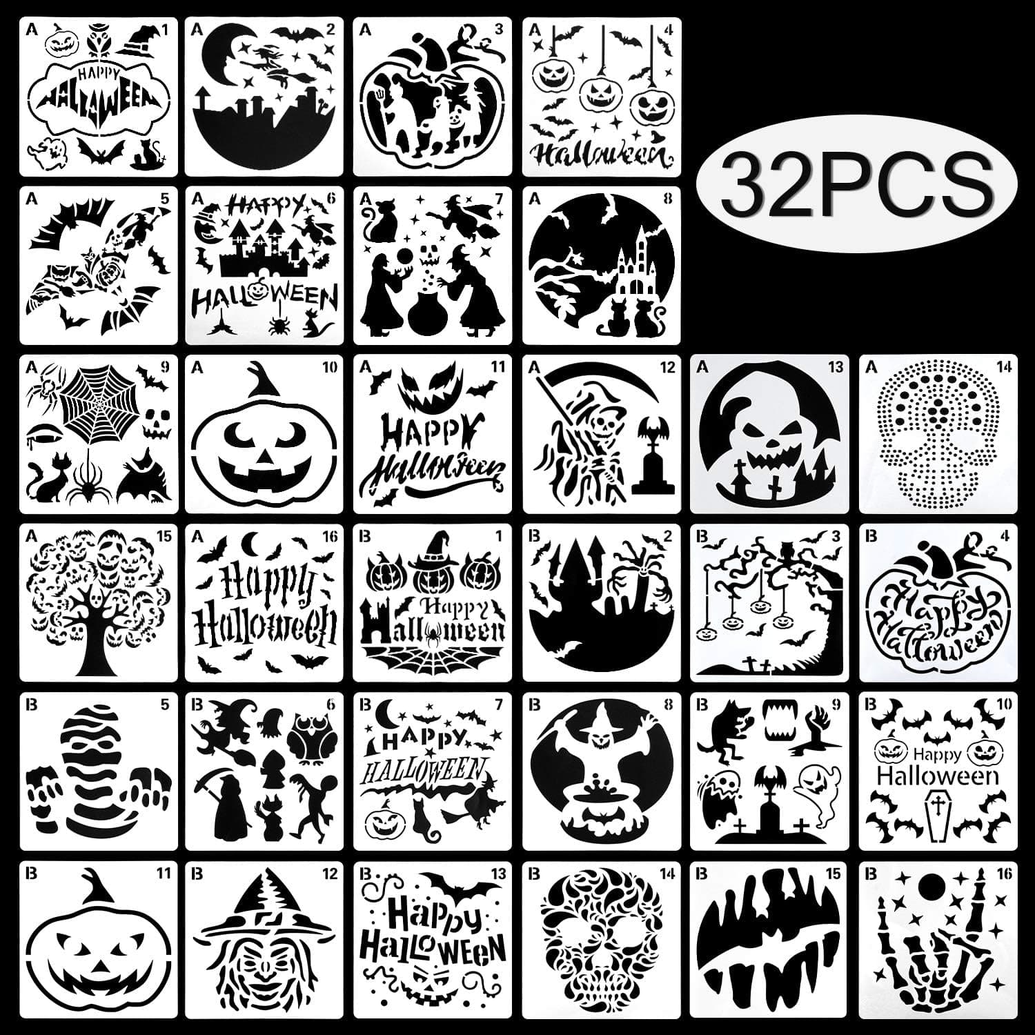 32 plantillas de pintura de Halloween reutilizables, plantilla de Halloween de calabaza bruja esqueleto cráneo vampiro para manualidades dibujo pintura rociado en ventanas