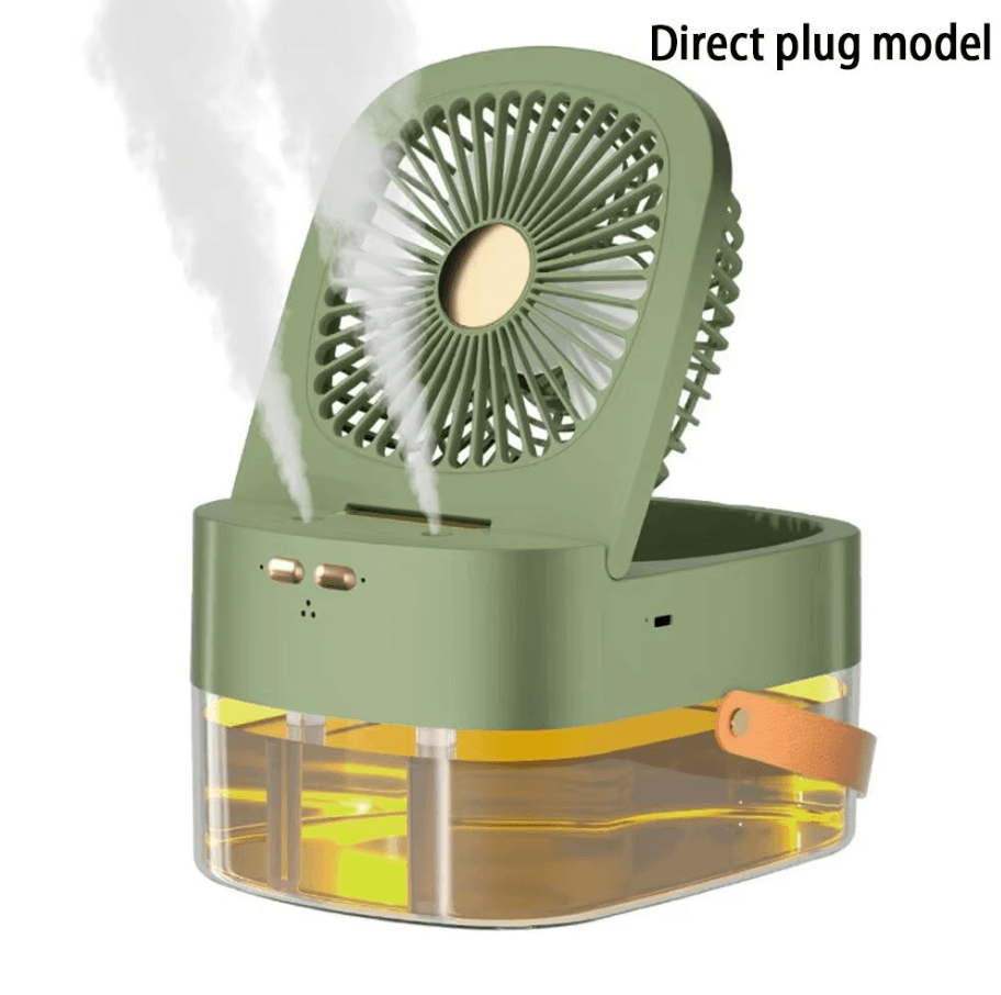 Green White USB Ventilator 3-Geschwindigkeits-Stufen, wiederaufladbar & netzbetrieben, faltbar mit Feuchtigkeitsnebel-Spray, Nachttischleuchte, Timer 