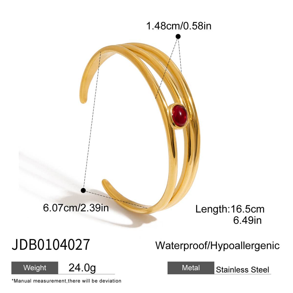 Bracelet en acier inoxydable à trois couches ouvert avec gravure de pierre naturelle rouge