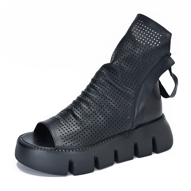 Sandales à plateforme en cuir de vache, noir, 35–40